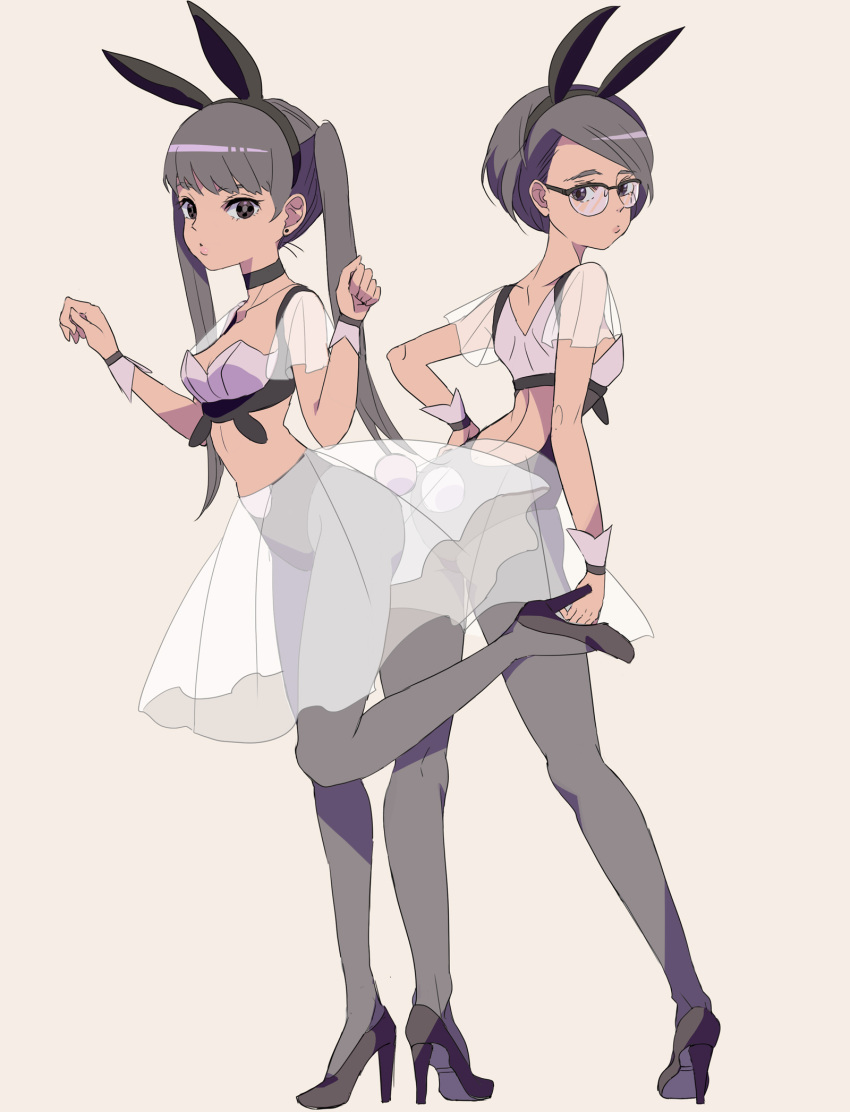 2girls, animal_ears, arms_up, bangs, bare_back, beige_background, blunt_bangs, bunny_girl, bunny_tail, bunnysuit, collar, collarbone, crop_top, earrings, eyelashes, fake_animal_ears, glasses, goma, gomoma_(bluehighlow), grey_eyes, grey_hair, grey_legwear, hand_on_hip, high_heels, highleg, highleg_leotard, highres, jewelry, leotard, lips, long_hair, looking_at_viewer, midriff, multiple_girls, no_navel, one_leg_raised, original, oversized_breast_cup, pantyhose, pigeon-toed, rabbit_ears, see-through, semi-rimless_glasses, short_hair, simple_background, stud_earrings, swept_bangs, tail, thigh-highs, transparent_skirt, transparent_sleeves, twintails, wrist_cuffs