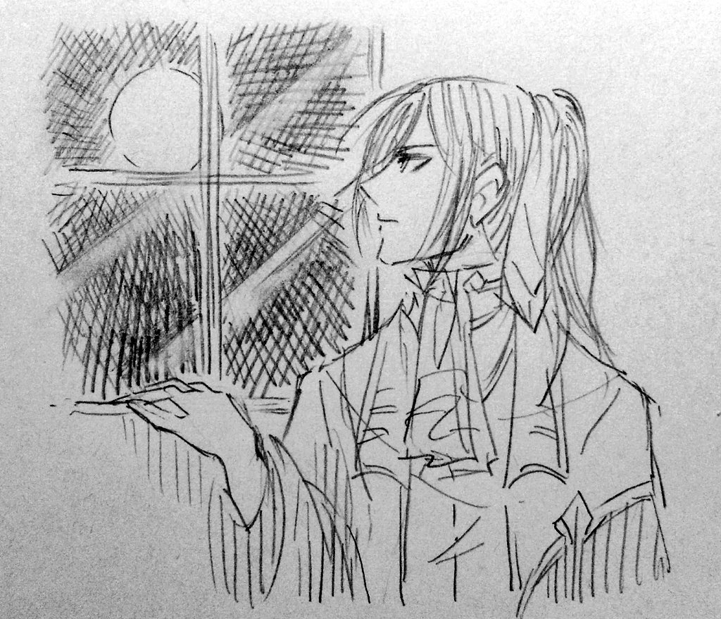 1boy, alternate_hair_color, black_hair, chaban_capriccio_(vocaloid), evillious_nendaiki, full_moon, greyscale, hair_ribbon, hand_on_window, kamui_gakupo, long_hair, looking_away, looking_out_window, monochrome, moon, night, night_sky, ponytail, profile, ribbon, rooomi, sketch, sky, solo, very_long_hair, vocaloid