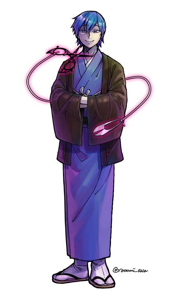 1boy, aura, blue_eyes, blue_hair, commentary_request, enbizaka_no_shitateya_(vocaloid), evil_smile, evillious_nendaiki