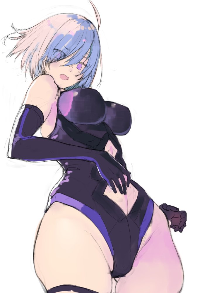1girl, ahoge, black_gloves, black_legwear, breasts, covering_navel, elbow_gloves, eyebrows_visible_through_hair