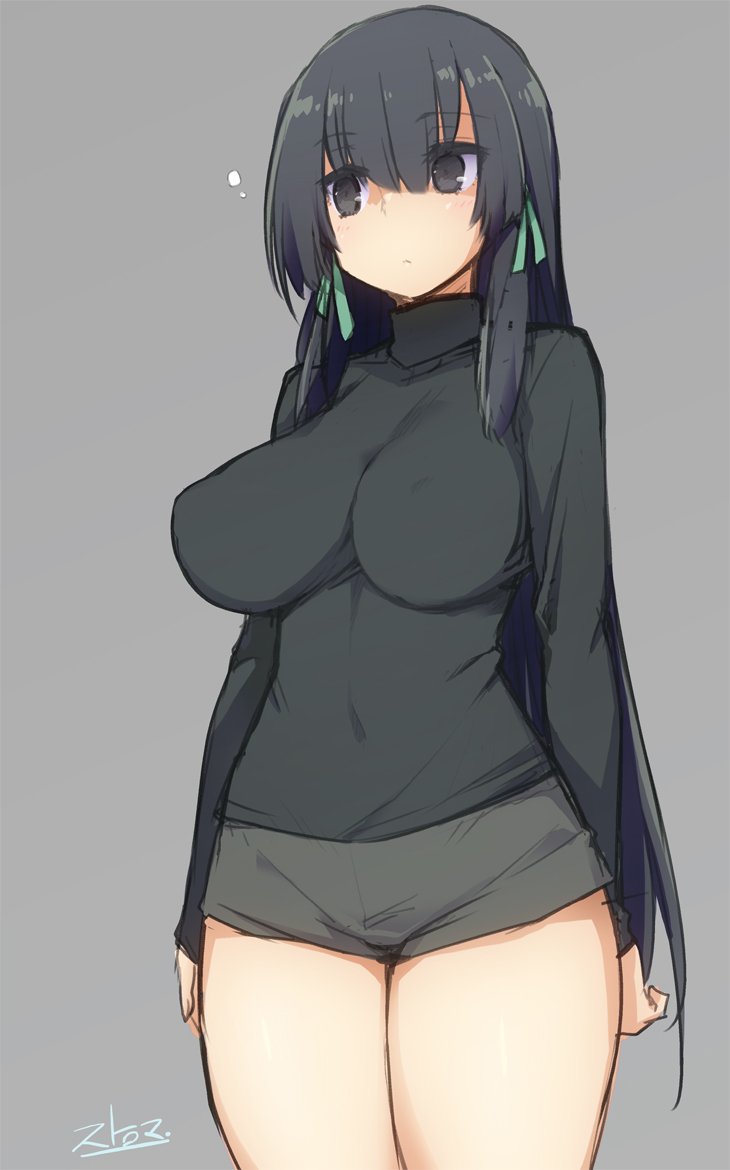 1girl, artist_name, black_eyes, black_hair, breasts, cowboy_shot, eyebrows_visible_through_hair, eyes_visible_through_hair