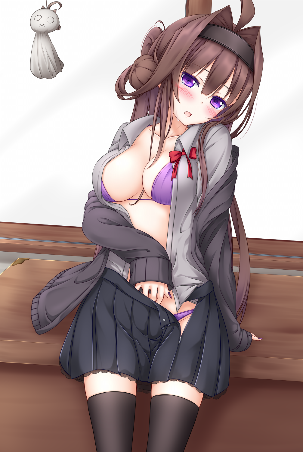 1girl, alternate_costume, bikini, bikini_under_clothes, black_legwear, black_skirt, brown_hair, cardigan