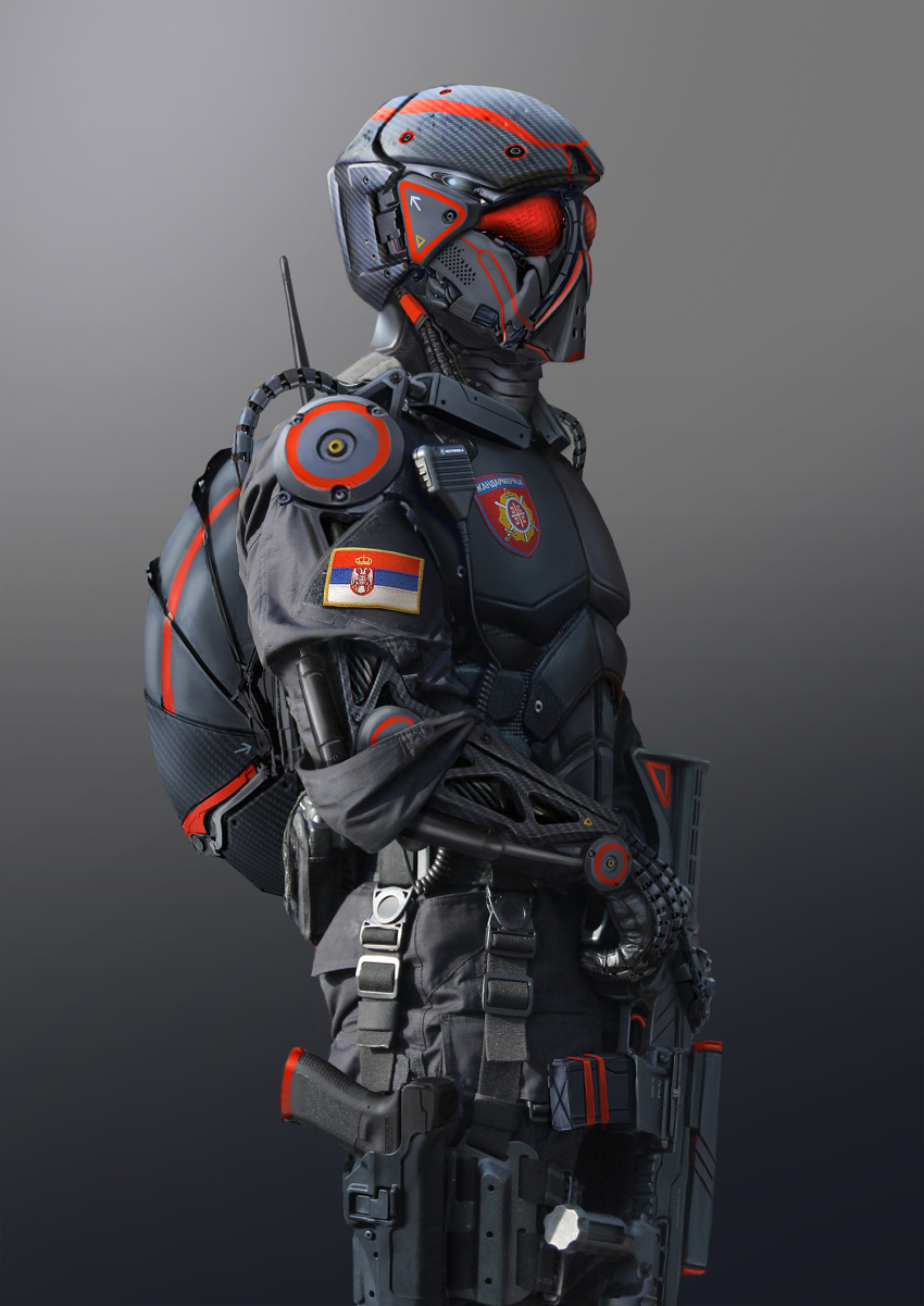 armor, directional_arrow, emblem, from_side, gun, handgun, helmet, highres