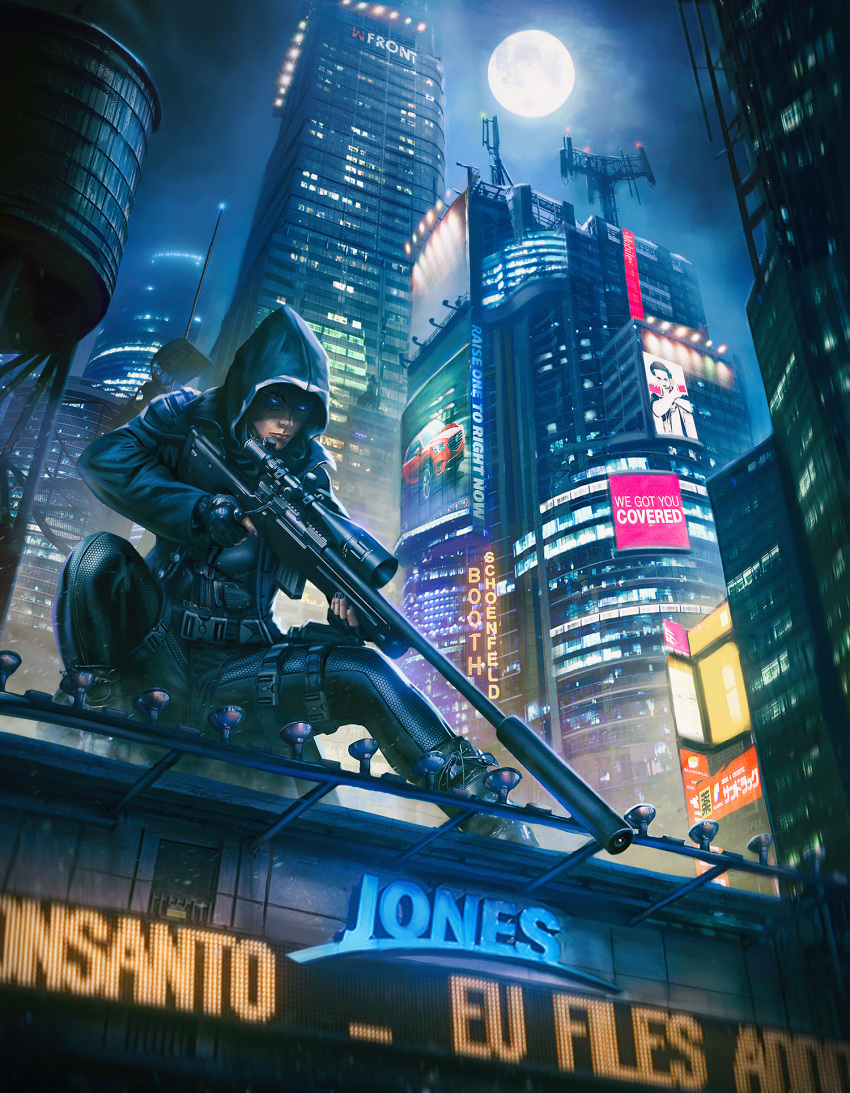 1boy, armor, black_gloves, black_nails, blue_eyes, blurry, building, car