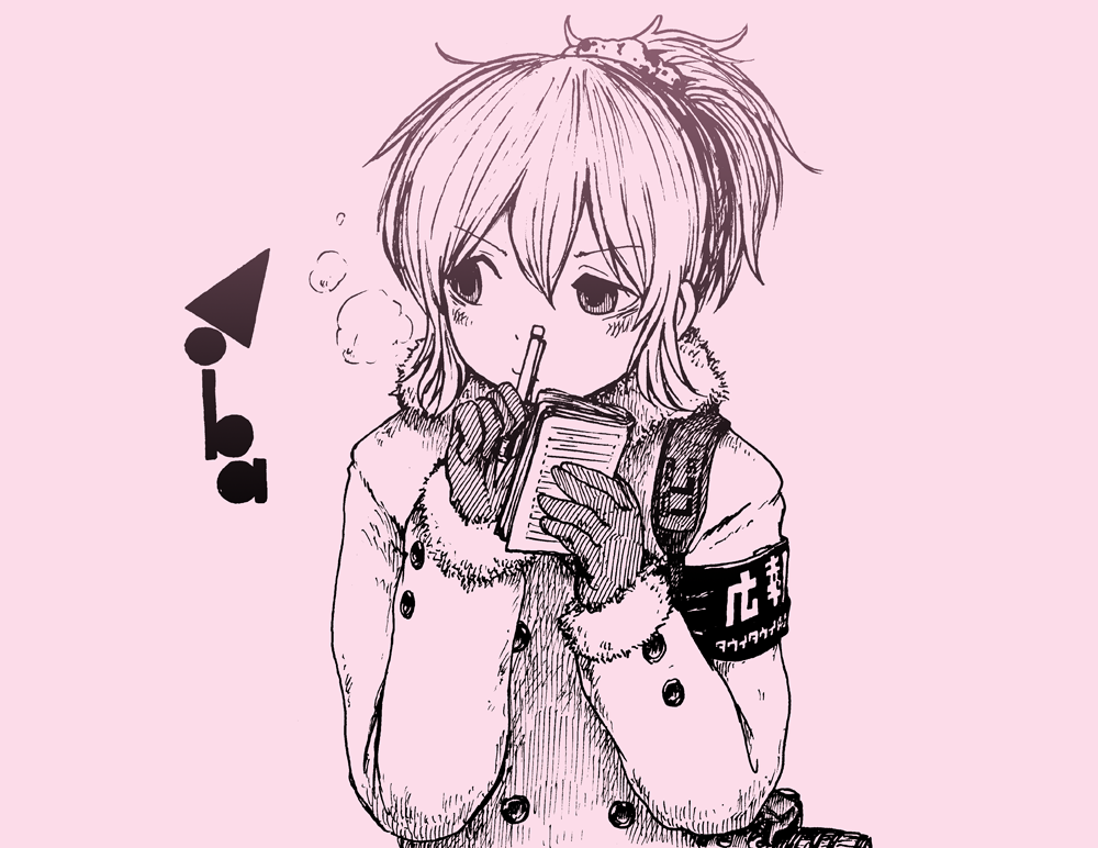 1girl, ahoge, aoba_(kantai_collection), gloves, jacket, kantai_collection, messy_hair, monochrome