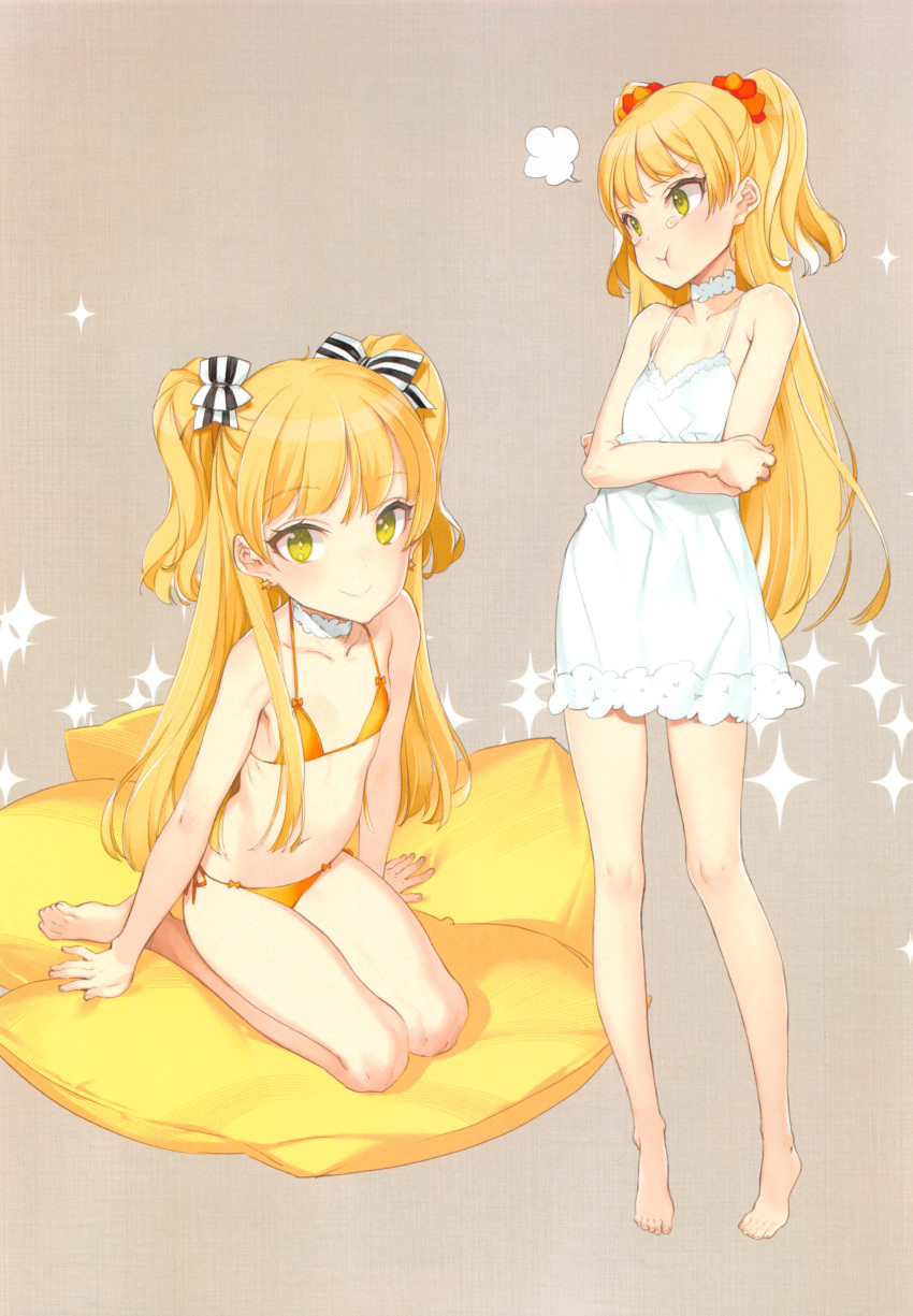 1girl, :t, absurdres, bangs, bare_arms, bare_shoulders, barefoot, bikini, blonde_hair, blunt_bangs, bow, brown_background, collarbone, crossed_arms, dress, earrings, eyebrows_visible_through_hair, feet, flat_chest, full_body, fume, green_eyes, hair_bow, hair_ornament, hair_scrunchie, highres, idolmaster, idolmaster_cinderella_girls, jewelry, jougasaki_rika, long_hair, multiple_views, navel, ooyari_ashito, orange_bikini, pillow, pout, scrunchie, seiza, simple_background, sitting, sleeveless, sleeveless_dress, spaghetti_strap, sparkle, standing, star, star_earrings, stomach, striped, striped_boe, striped_bow, sundress, swimsuit, tears, toes, two_side_up, very_long_hair, wariza, white_choker, white_dress