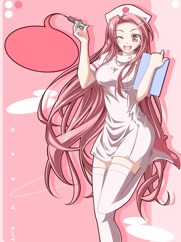 clipboard, hair_ornament, hairclip, hat, kakizaki_misa, kikuchi_tsutomu, long_hair, mahou_sensei_negima, mahou_sensei_negima!, nurse, nurse_cap, nurse_hat, nurse_outfit, pink_eyes, pink_hair, syringe, thigh-highs, thighhighs, very_long_hair, wink, zettai_ryouiki