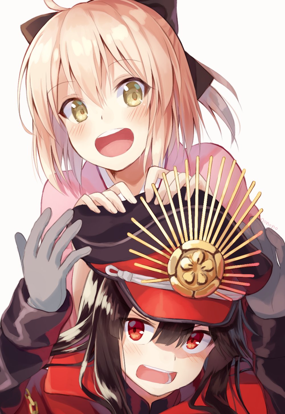 2girls, black_hair, blonde_hair, blush, bow, cape, demon_archer, fate/grand_order