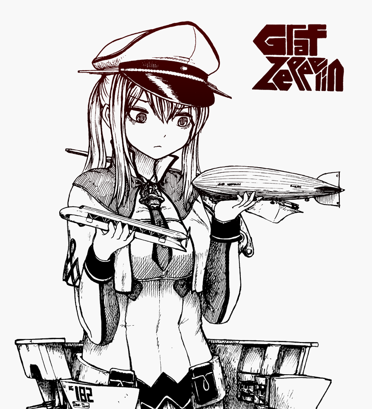 1girl, aircraft, blimp, capelet, character_name, dirigible, gloves, graf_zeppelin_(kantai_collection)