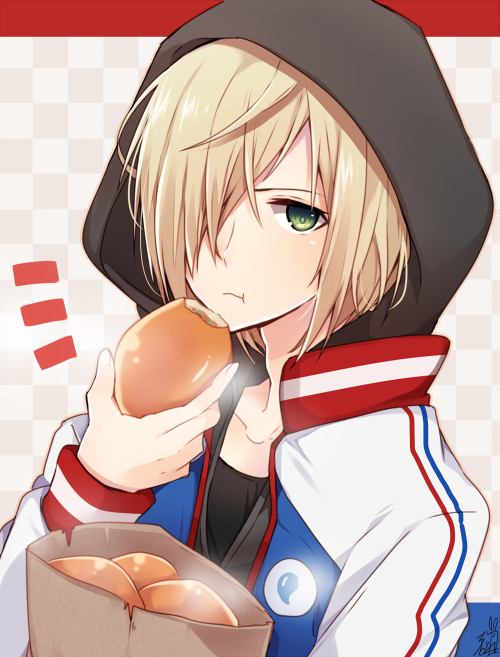 1boy, :t, bag, blonde_hair, checkered, checkered_background, eating, food, green_eyes, hair_over_one_eye, hood, hoodie, jacket, male_focus, omuretsu, paper_bag, pirozhki, track_jacket, yuri!!!_on_ice, yuri_plisetsky