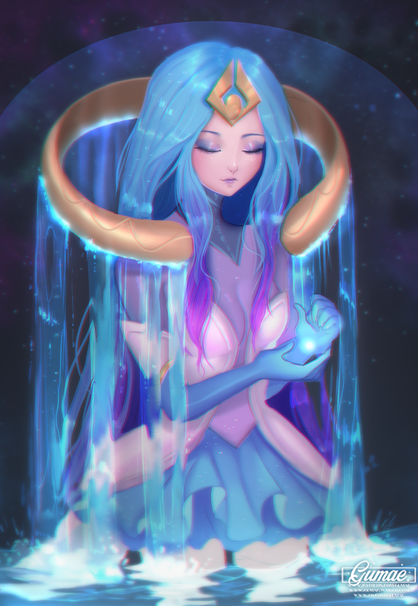 1girl, artist_name, blue_gloves, blue_skirt, breasts, closed_eyes, closed_mouth, elementalist_lux