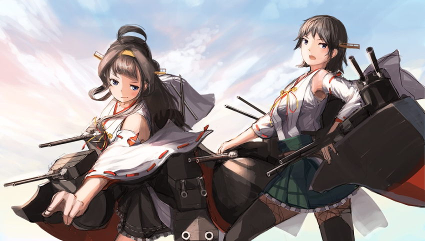 2girls, ahoge, black_eyes, blue_sky, breasts, brown_hair, clouds, detached_sleeves