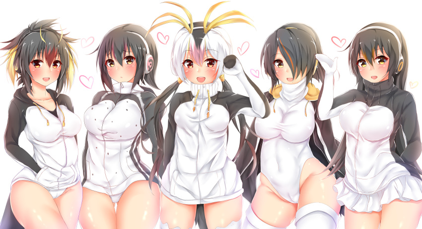 5girls, :o, ;d, absurdres, arm_up, black_hair, blush, breasts