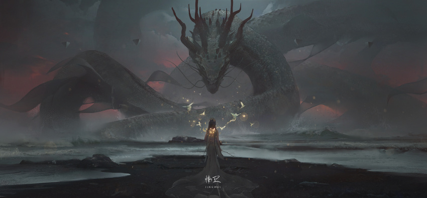 1girl, black_hair, character_request, chinese_mythology, dragon, dress, from_behind, highres