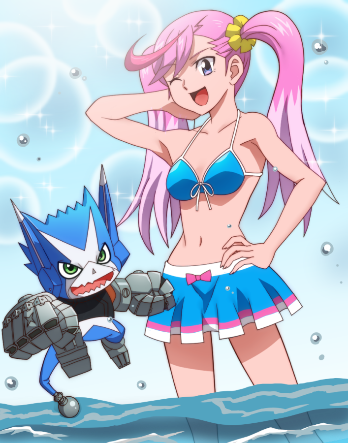1girl, appmon, bikini, bikini_skirt, digimon, digimon_universe:_appli_monsters, dokamon, female, karan_eri, multicolored_hair, navel, onomekaman, pink_hair, swimsuit, tail, twintails