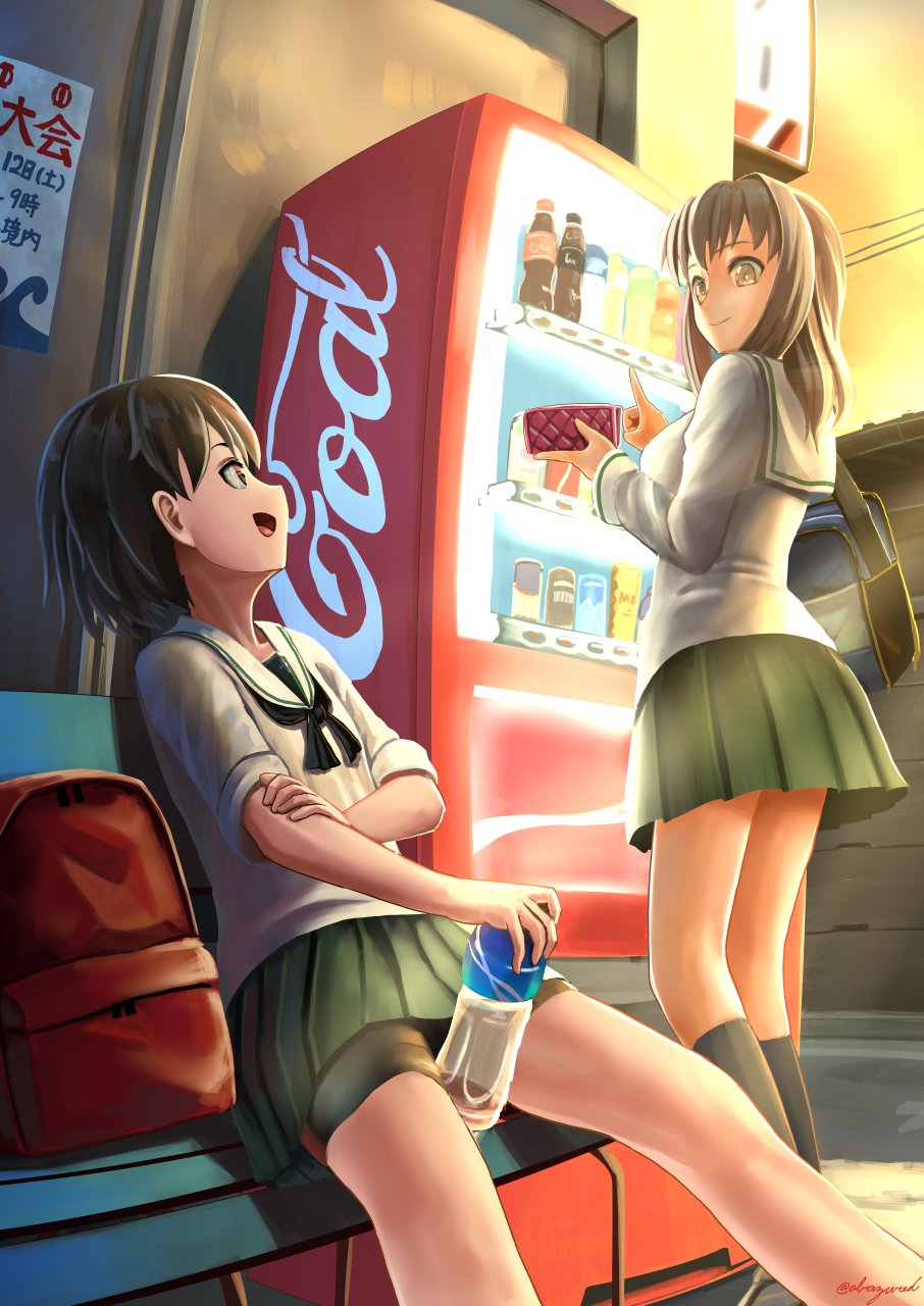2girls, abazu-red, arm_grab, bag, bangs, bike_shorts, black_legwear, blouse