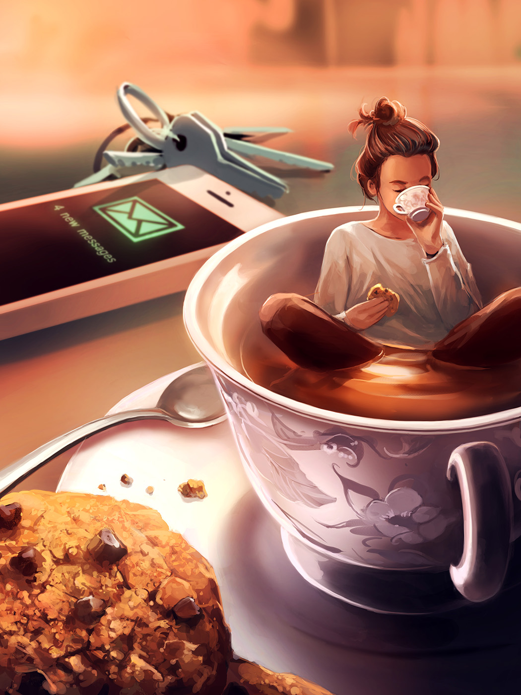 1girl, biscuit, blurry, brown_hair, brown_pants, cellphone, closed_eyes, cup