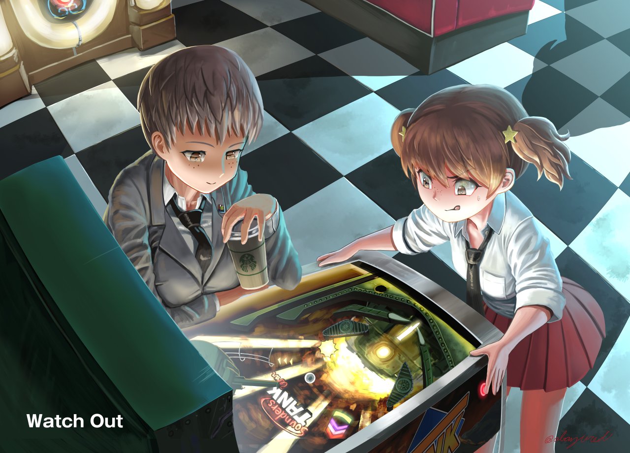 2girls, :d, abazu-red, alisa_(girls_und_panzer), arcade, bangs, black_necktie, blazer, brown_eyes, brown_hair, checkered, checkered_floor, closed_mouth, commentary, cup, dress_shirt, english, freckles, from_above, girls_und_panzer, grey_jacket, hair_ornament, holding, indoors, jacket, jukebox, light_smile, long_sleeves, miniskirt, multiple_girls, naomi_(girls_und_panzer), necktie, open_mouth, pinball, pleated_skirt, red_skirt, school_uniform, shadow, shirt, short_hair, short_twintails, skirt, smile, star, star_hair_ornament, sweat, twintails, twitter_username, very_short_hair, white_shirt