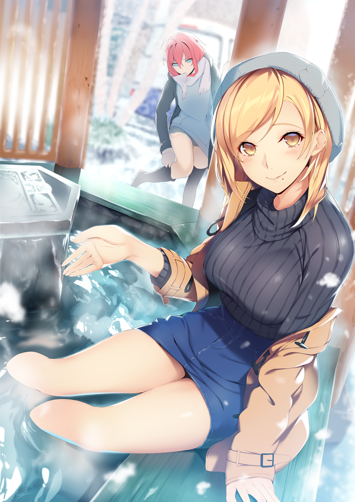 2girls, ahoge, arm_support, ashiyu, bare_legs, black_jacket, black_legwear, black_sweater