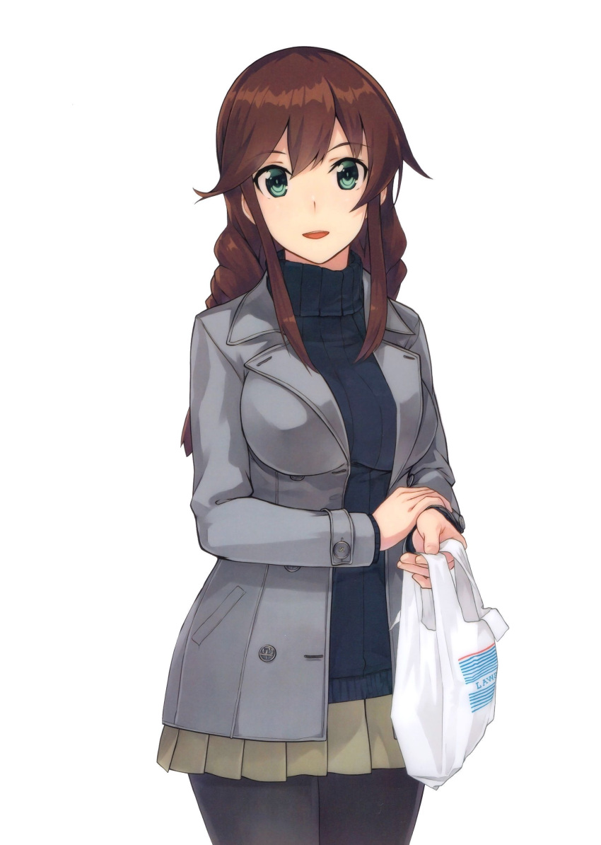 1girl, :d, absurdres, bag, black_legwear, black_sweater, breasts, brown_hair