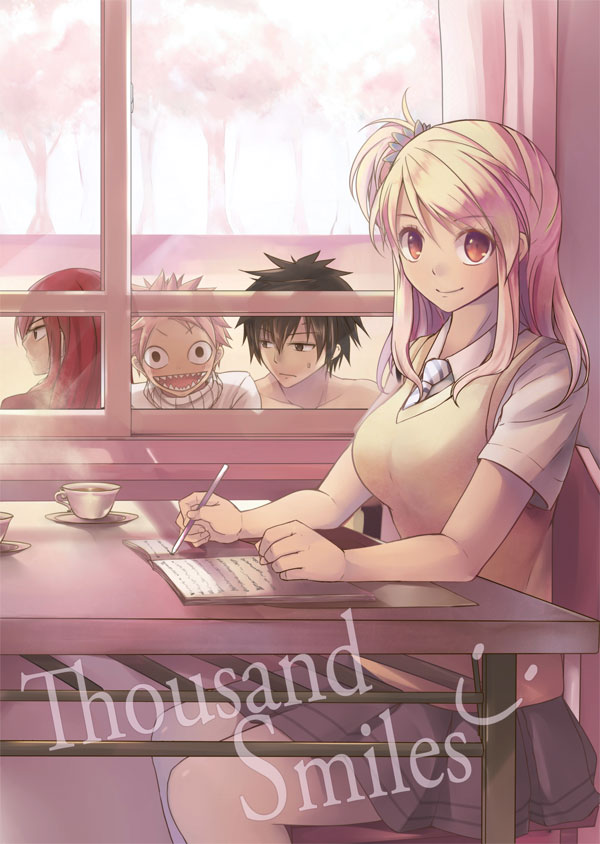 2boys, 2girls, achiba, black_hair, blonde_hair, brown_eyes, collarbone, english