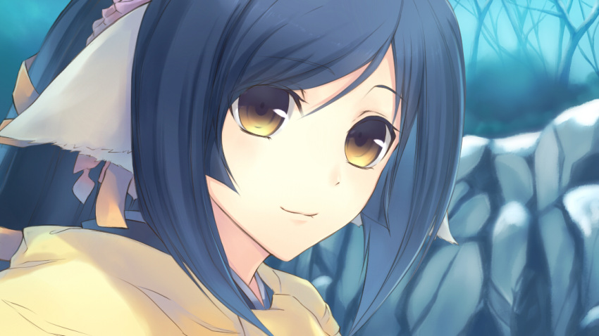 1girl, blue_hair, brown_eyes, eyebrows_visible_through_hair, forest, hair_ornament, hair_ribbon, hiiragi_hekitsuki
