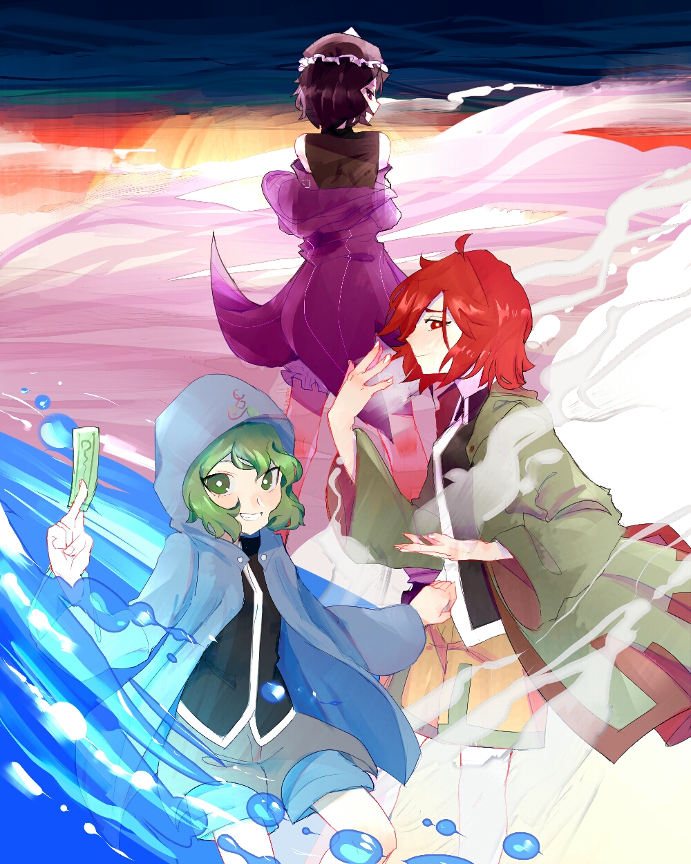 androgynous, black_hair, blue_coat, brilliant_pagoda_or_haze_castle, evanescent_existence, frilled_hat, frills, green_coat