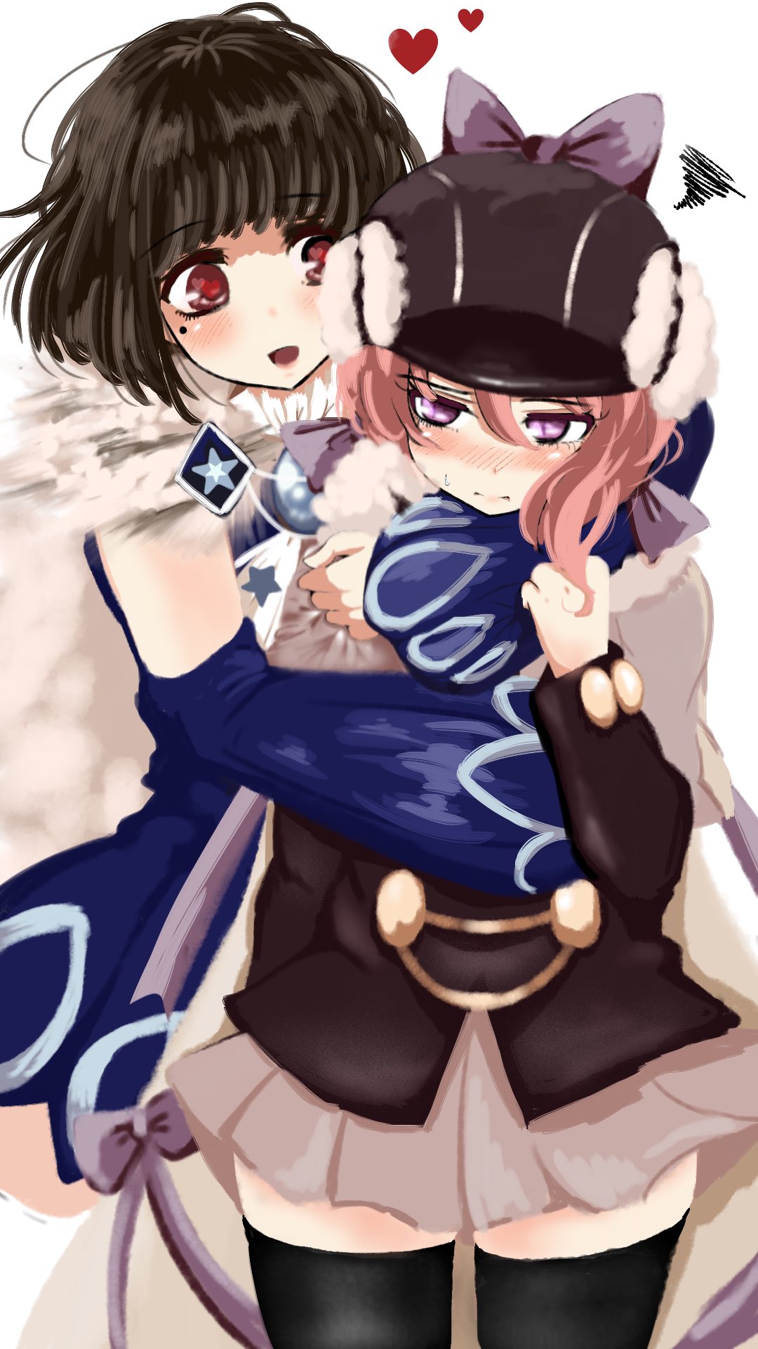 2girls, black_hair, blush, cape, detached_sleeves, detick_bell, embarrassed, hat