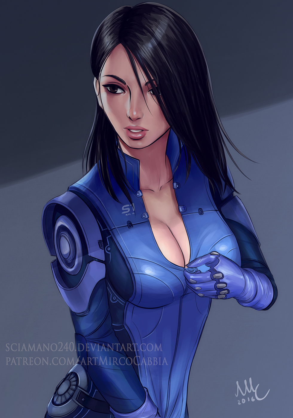 1girl, 2016, artist_name, ashley_williams, black_eyes, black_hair, bodysuit, breasts, cleavage, hair_over_one_eye, highres, human, human_only, lips, long_hair, mass_effect, mirco_cabbia, nose, parted_lips, unzipping, watermark, web_address