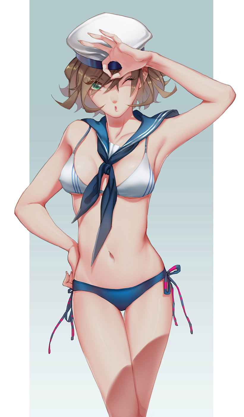 1girl, ;o, arm_up, armpits, bare_arms, bare_shoulders, bikini, blue_neckerchief, breasts, brown_hair, collarbone, cowboy_shot, eyes_visible_through_hair, fingernails, fulushouxijixiangcha, gradient, gradient_background, green_eyes, hair_between_eyes, hand_gesture, hand_on_hip, hat, highres, long_fingernails, looking_at_viewer, navel, neckerchief, one_eye_closed, original, parted_lips, sailor_bikini, sailor_collar, sailor_hat, short_hair, small_breasts, solo, standing, stomach, swimsuit, thigh_gap, thighs, white_bikini, white_hat