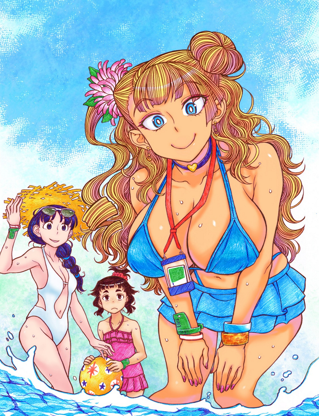 3girls, ball, beachball, bikini, blonde_hair, blue_bikini, blue_eyes, blue_hair