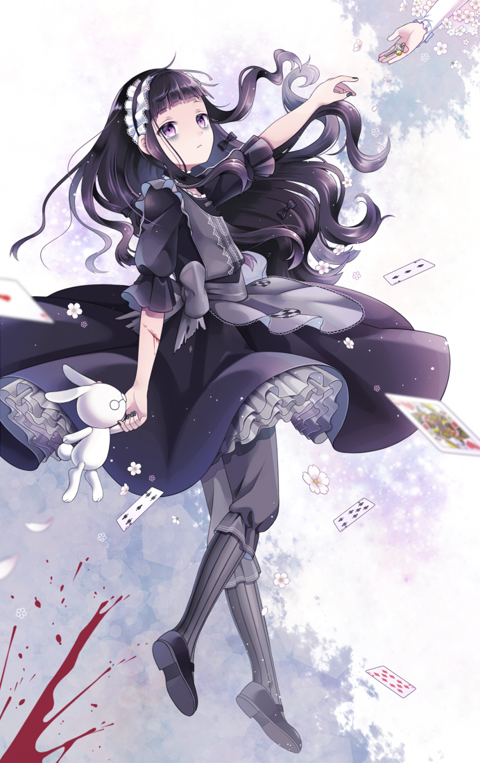 1girl, bags_under_eyes, black_hair, blood, card, edamame_888, hardgore_alice, key