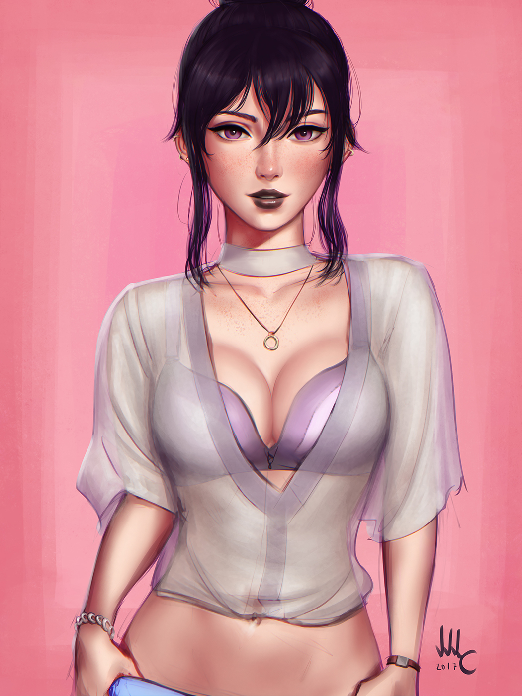 1girl, 2017, artist_name, black_hair, black_lips, bracelet, breasts, cleavage