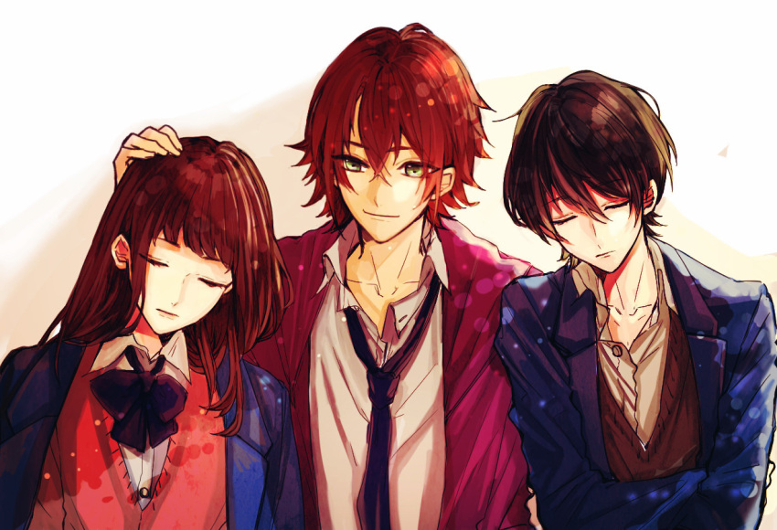 1girl, 2boys, anzu_(ensemble_stars!), black_hair, bow, bowtie, brown_hair, closed_eyes