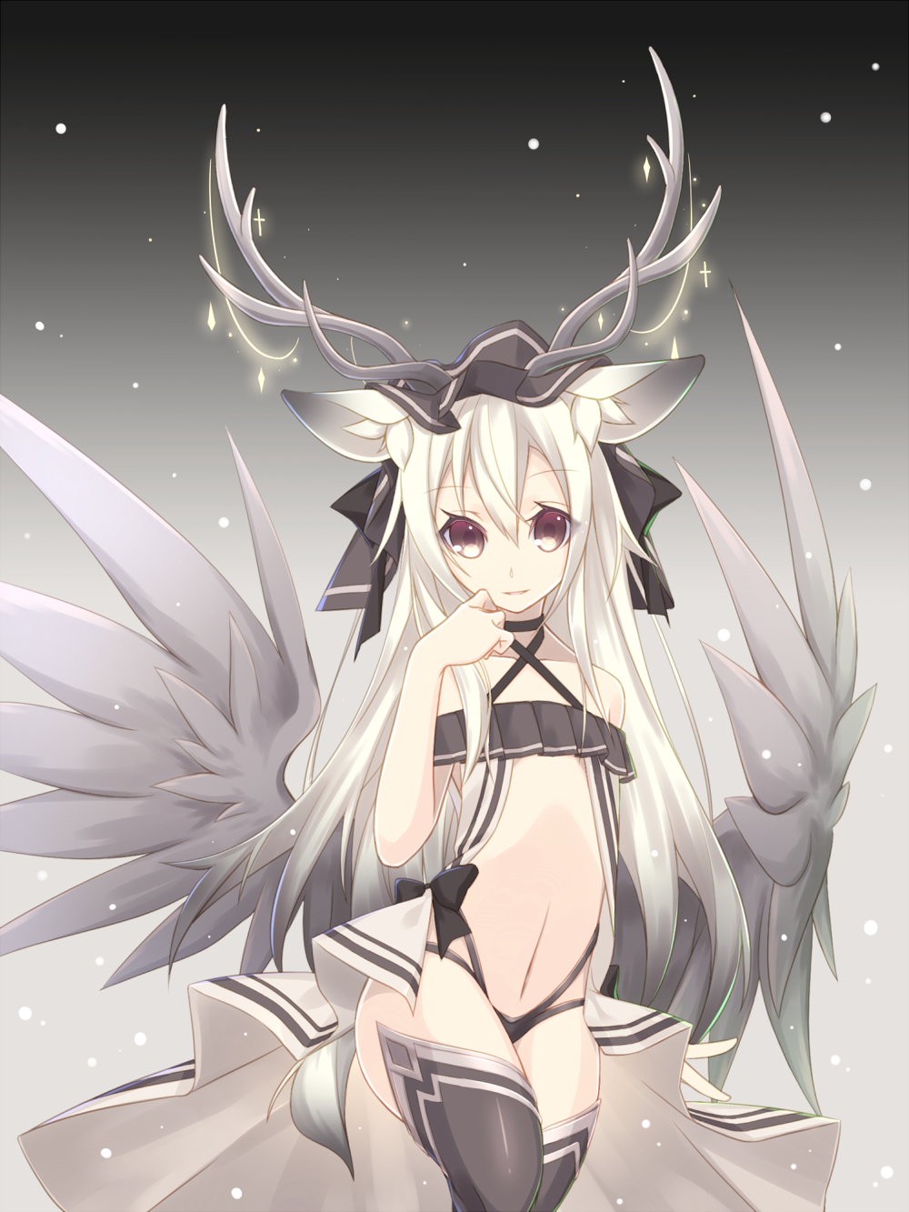 1girl, animal_ears, antlers, bare_shoulders, gradient, gradient_background, gradient_eyes, highres
