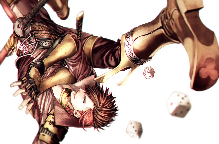 1boy, boots, brown_eyes, brown_hair, dice, fingerless_gloves, gloves, jewelry