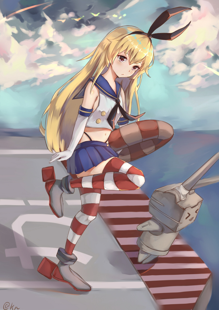 1girl, absurdres, black_ribbon, blonde_hair, blue_skirt, crop_top, elbow_gloves, gloves, hair_ribbon, highleg, highleg_panties, highres, innertube, kantai_collection, kinto-kuwa, long_hair, miniskirt, open_mouth, panties, pink_eyes, pleated_skirt, rensouhou-chan, ribbon, sailor_collar, school_uniform, serafuku, shimakaze_(kantai_collection), skirt, sleeveless, solo, striped, striped_legwear, thigh-highs, underwear, white_gloves