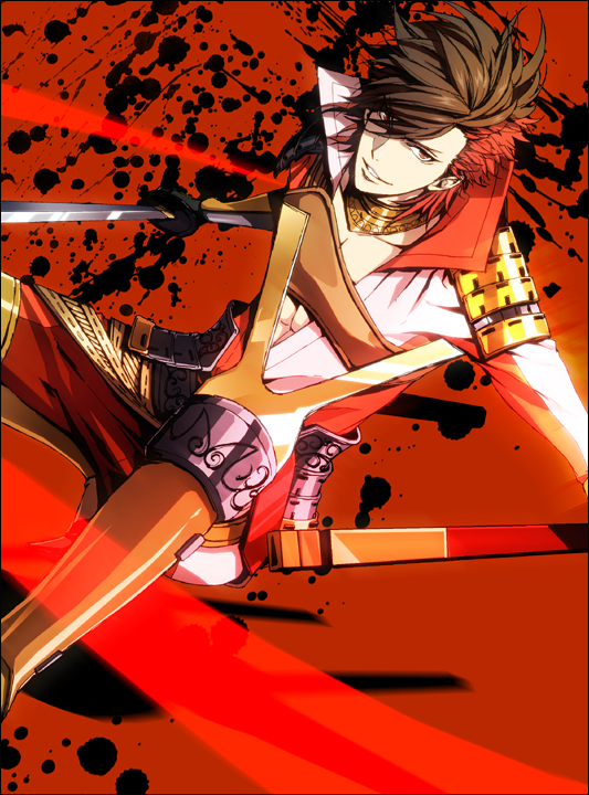 1boy, abs, armor, armored_boots, boots, brown_hair, jewelry, katana
