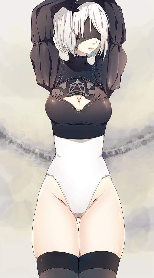 1girl, arms_behind_head, arms_up, blindfold, breasts, chitose_mame, cleavage, cleavage_cutout