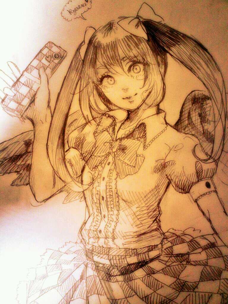 1girl, bangs, black_wings, bow, buttons, cellphone, checkered, checkered_skirt