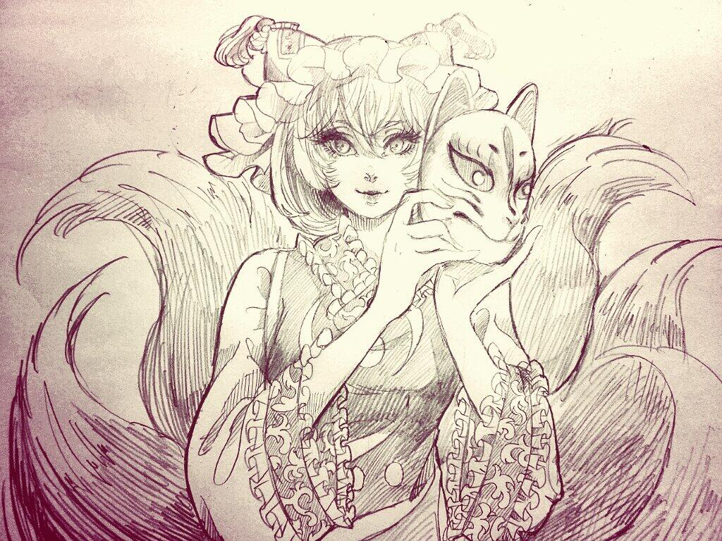 1girl, animal_ears, bangs, cat_mask, fox_ears, fox_tail, frilled_sleeves, frills, hat, holding, holding_mask, kitsune, long_eyelashes, long_sleeves, looking_at_viewer, mask, miyako_yamamoto, mob_cap, multiple_tails, pillow_hat, short_hair, simple_background, sketch, smile, solo, tabard, tail, touhou, traditional_media, wide_sleeves, yakumo_ran