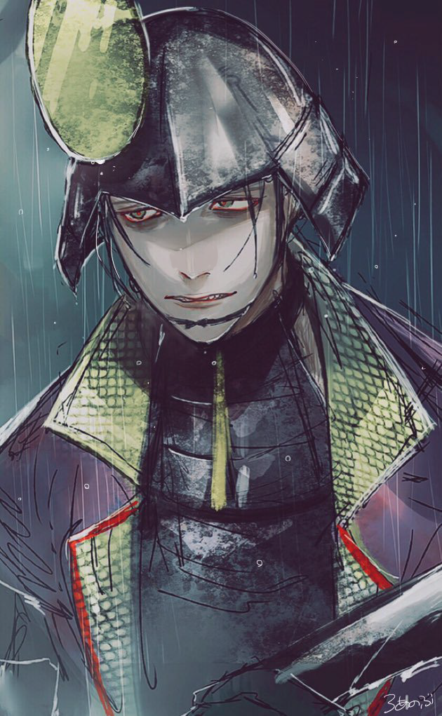 1boy, armor, artist_name, black_hair, gloves, gotou_matabei_(sengoku_basara), green_eyes, helmet, male_focus, nobuyo_(syosyosyon), portrait, rain, sengoku_basara, solo, teeth