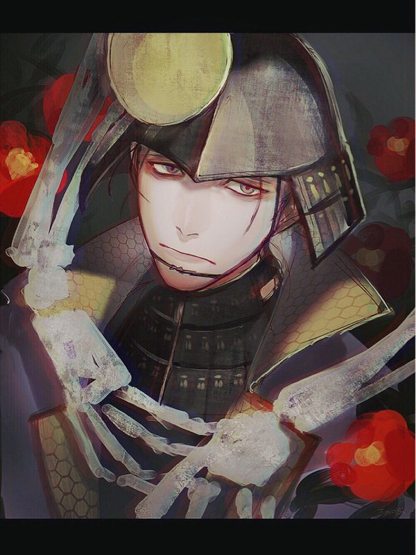 1boy, armor, black_hair, bone, camellia_(flower), flower, gotou_matabei_(sengoku_basara), helmet