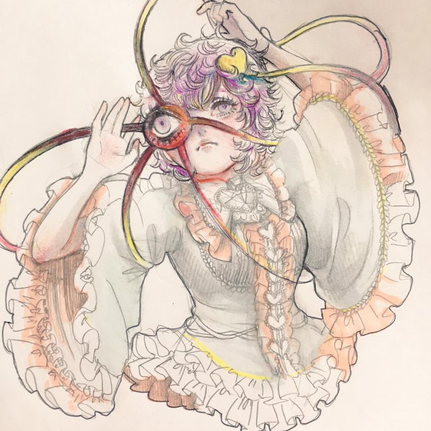1girl, arms_up, bangs, bow, closed_mouth, colored_pencil_(medium), eyeball, frilled_sleeves, frills, frown, hair_ornament, hairband, hands_up, heart, heart_of_string, highres, komeiji_satori, long_sleeves, looking_up, miyako_yamamoto, pink_hair, shirt, short_hair, simple_background, solo, third_eye, touhou, traditional_media, upper_body, violet_eyes, wide_sleeves