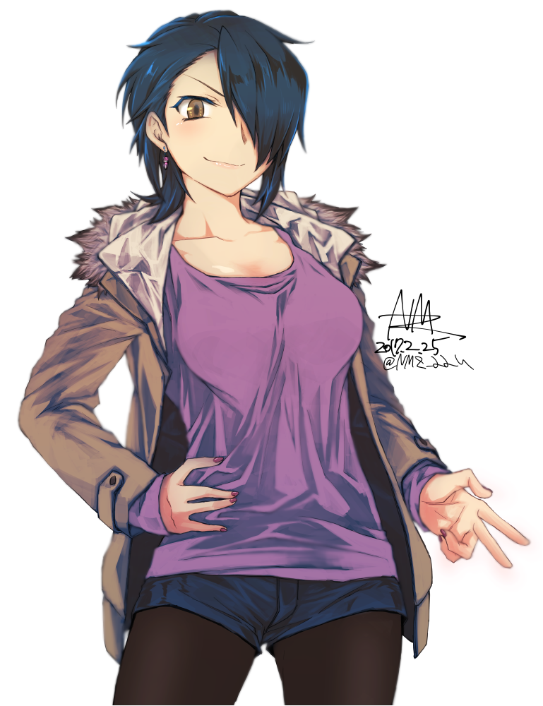 1girl, 2017, alternate_costume, blue_hair, brown_eyes, collarbone, contemporary, dated