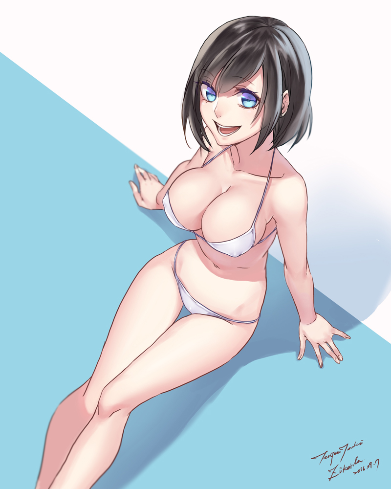 1girl, 2016, :d, arms_at_sides, artist_name, bangs, bare_legs, bare_shoulders