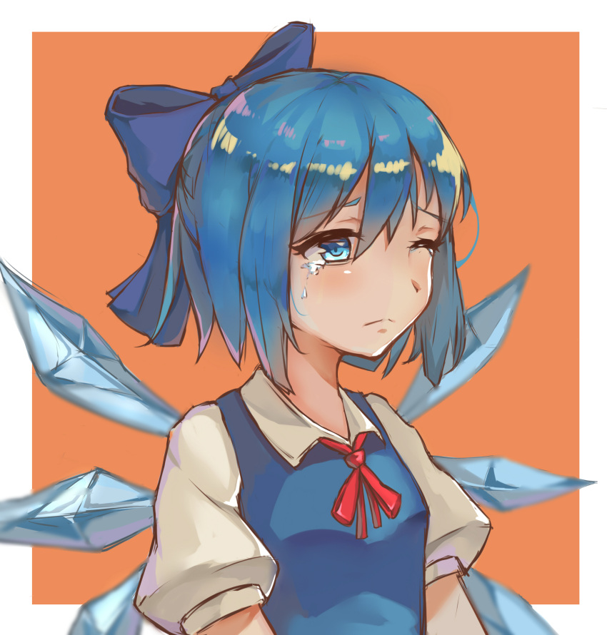 absurdres, blue_dress, blue_eyes, blue_hair, cirno, crying, crying_with_eyes_open, dress, highres, ice, ice_wings, kinto-kuwa, one_eye_closed, orange_background, simple_background, tears, touhou, wings