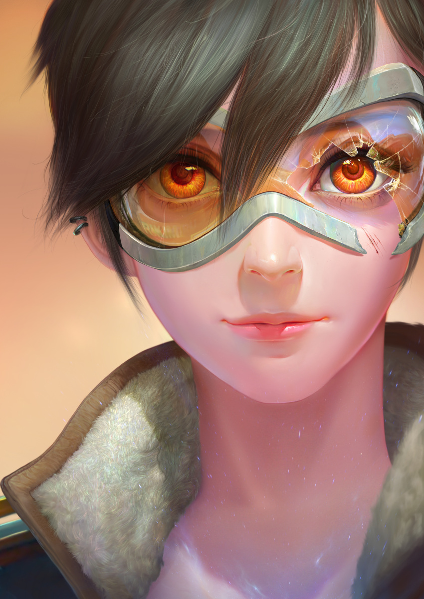 1girl, absurdres, angjooyann, artist_name, bangs, blood, blood_on_face, bomber_jacket, broken_goggles, brown_eyes, brown_hair, brown_jacket, closed_mouth, collarbone, ear_piercing, eyelashes, face, fur_trim, goggles, hair_between_eyes, highres, jacket, joo_yann_ang, leather, leather_jacket, light_particles, light_smile, lips, lipstick, makeup, nose, overwatch, piercing, pink_lips, pink_lipstick, portrait, scar, shiny, shiny_skin, short_hair, solo, spiky_hair, tracer_(overwatch)