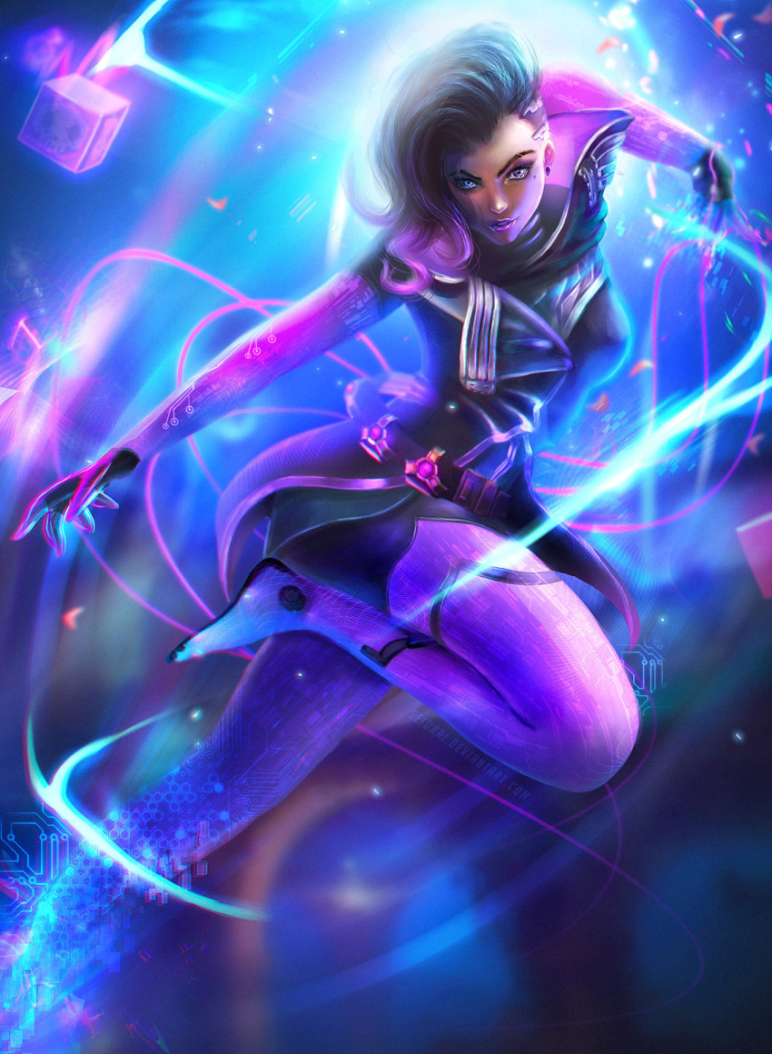 1girl, black_coat, black_gloves, black_hair, blue_eyes, bodysuit, claws, coat, cowboy_shot, dark_skin, eyeliner, eyeshadow, fingerless_gloves, gloves, gun, hand_up, high_collar, highres, leg_up, lipstick, long_hair, looking_at_viewer, makeup, mascara, mole, mole_under_eye, multicolored_hair, nose, overwatch, parted_lips, purple_bodysuit, purple_hair, purple_lips, purple_lipstick, revision, seiorai, short_sleeves, smile, solo, sombra_(overwatch), standing, standing_on_one_leg, trench_coat, two-tone_hair, undercut, weapon