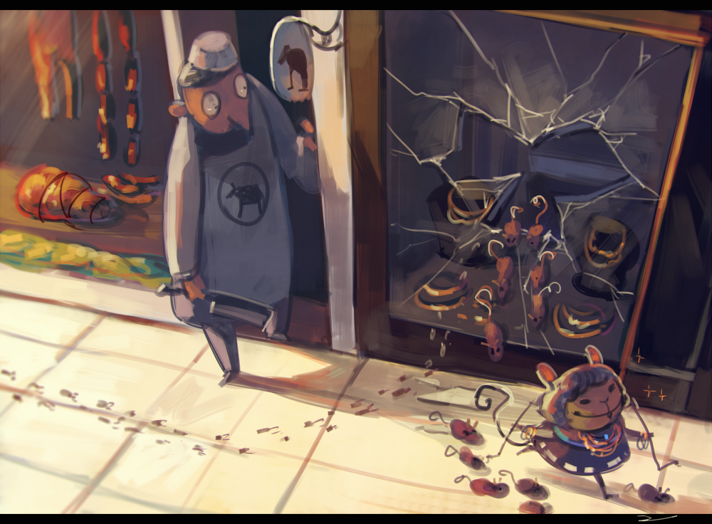 1boy, 1girl, animal_ears, bracelet, broken_window, butcher, cleaver, commentary_request